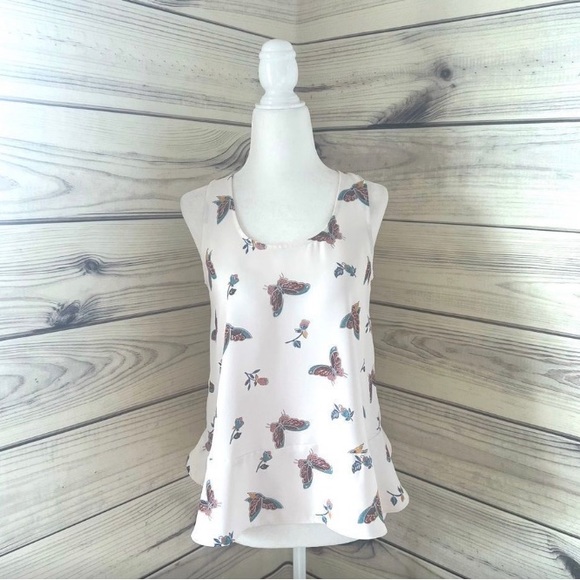 Loft White Butterfly Floral Print Flounce Tank Top Size XSP - Picture 9 of 9